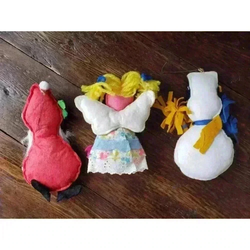 Four Vintage Felt Christmas Ornaments | Santa Stocking Angel Snowman | 60s Decor